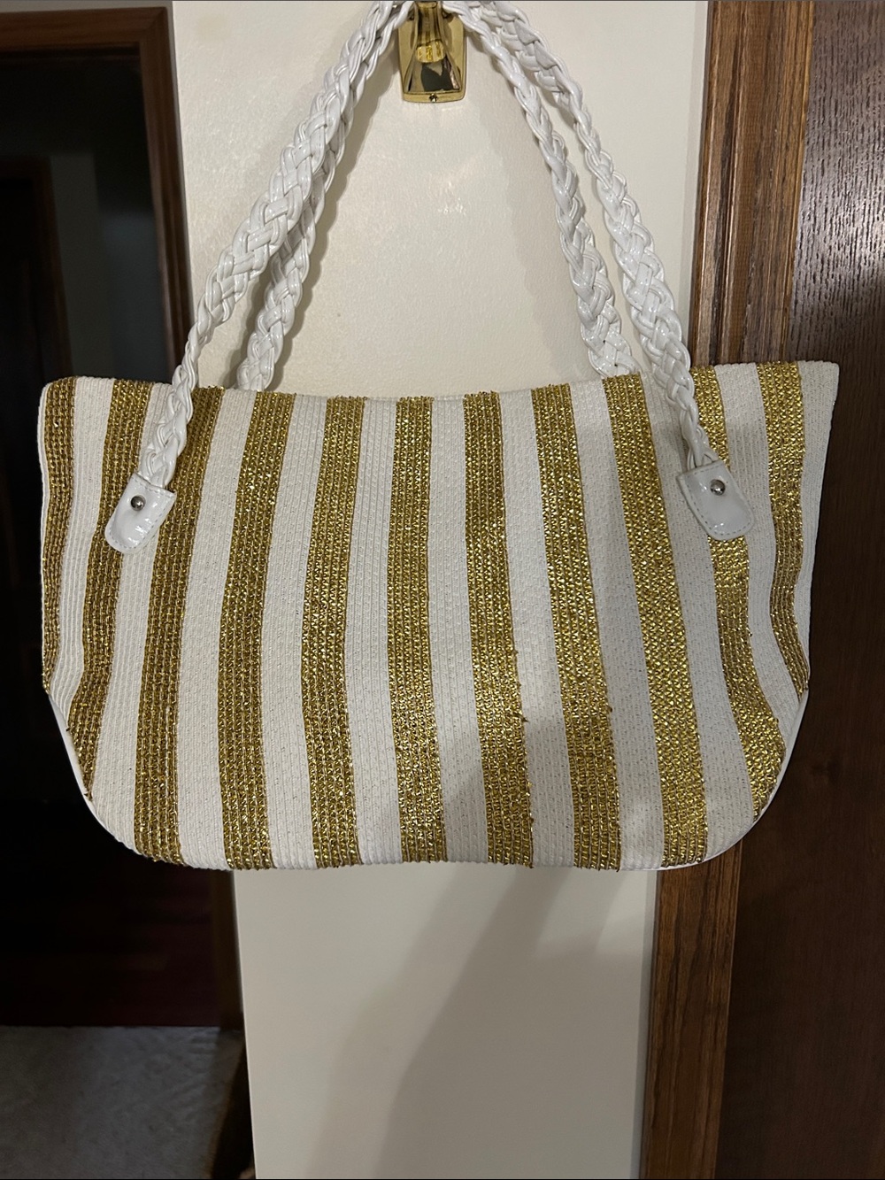 Striped White and Gold Tote Bag with Braided Handles